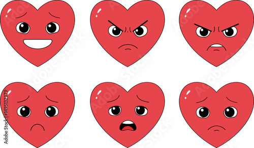 Heart Emojis A Collection of Six Cute Red Heart Illustrations Showing Various Emotions