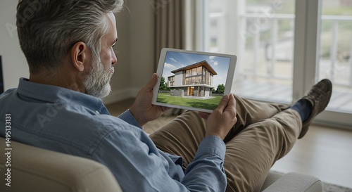 Mature man explores modern architectural designs on tablet in comfortable setting