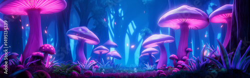 Magical forest scene with glowing purple mushrooms and enchanting ambient light