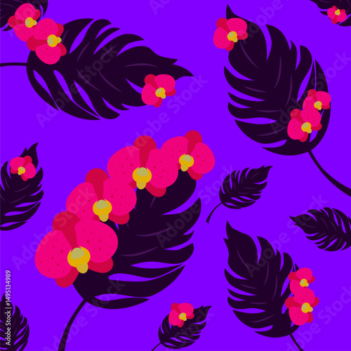 Pattern with pink orchid flowers. Tropical floral pattern with orchids and monsters on a purple background.