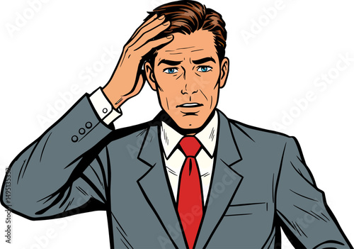 Confused Businessman  Illustration of a Man in Suit Grasping his Head in Thought,  Problem Solving, Decision Making Concept