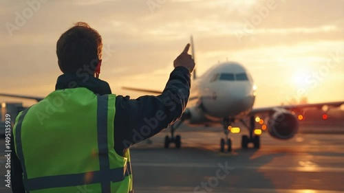 An airport worker in a reflective vest signals to an airplane preparing for takeoff against a stunning sunset backdrop. The atmosphere is bustling and filled with anticipation.