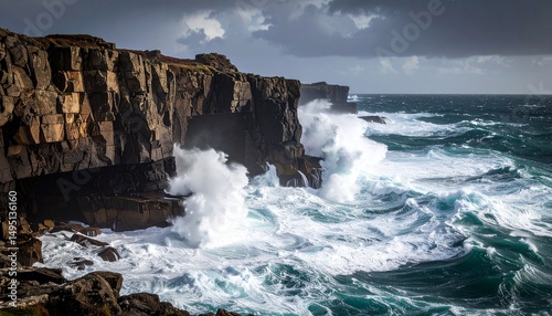 Professional photography of a coastal cliff hit by huge waves, water spray captured in sharp detail.