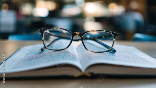 A pair of stylish glasses sits atop an open book in a warm, inviting space, showcasing the beauty of reading and the pursuit of knowledge in a tranquil setting.