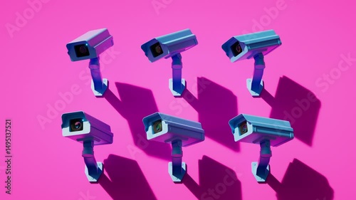 looped 3d animation. Multiple security cameras mounted on pink wall, synchronously turn both sides and record. Metaphor of total control. Video monitoring