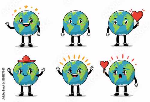 Adorable Earth Character Illustrations Six Cute Planet Poses for Environmental Projects