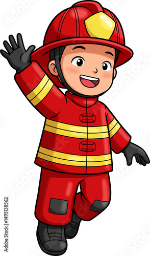 Adorable Cartoon Firefighter  A cheerful illustration of a young child dressed in a firefighter uniform, waving hello.
