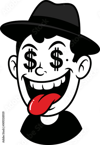 Retro Cartoon Illustration of a Greedy Man with Money in His Eyes