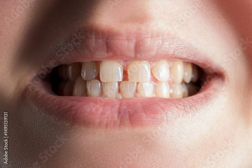 Diastema, large gap between front teeth with cracks in the enamel, dental issues and oral health concept