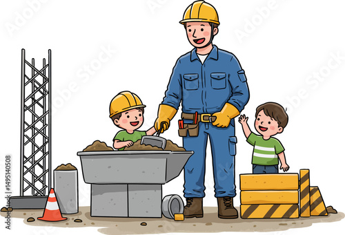 Construction Worker Father and Sons Building Together A Fun Illustration of Family Bonding and Career Exploration