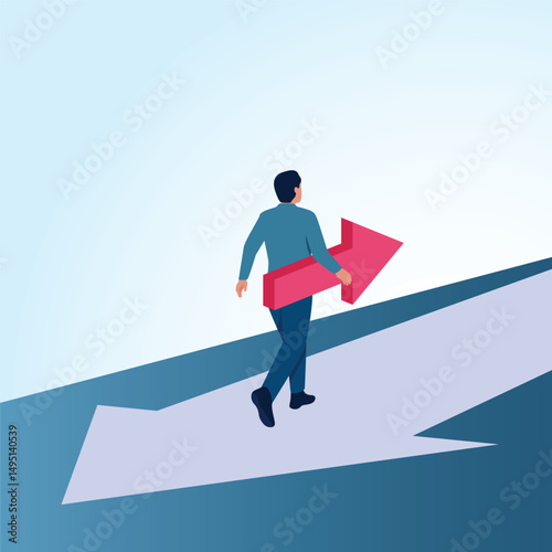 A man carrying opposing arrows on top of another arrow. A metaphorical illustration for resistance to change, fighting against uniformity and making a difference.