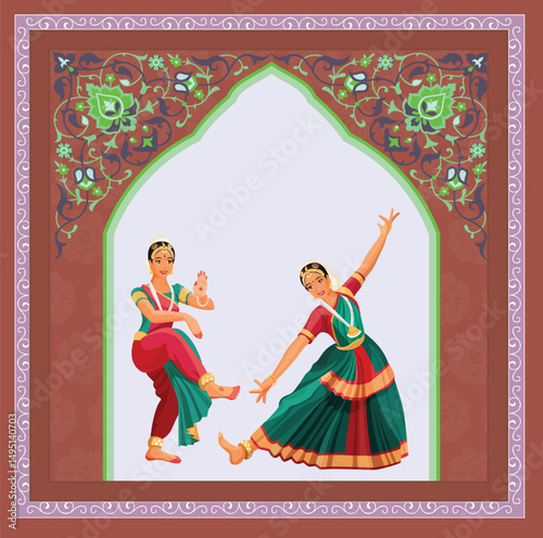 Mughal dancing woman in a garden with arch peacock bird and flower illustration, Indian Mughal hand drawn floral garden with arch and peacock 