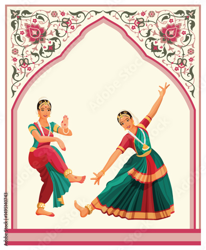 Mughal dancing woman in a garden with arch peacock bird and flower illustration, Indian Mughal hand drawn floral garden with arch and peacock 