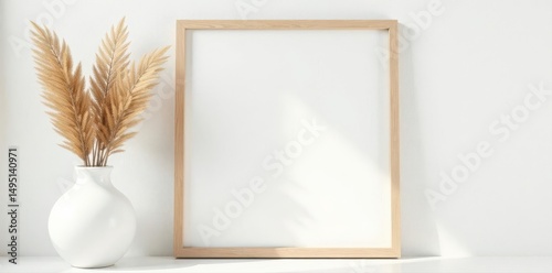 Empty square frame mockup, minimalist interior, trendy plant in vase, white wall , botany, empty, square