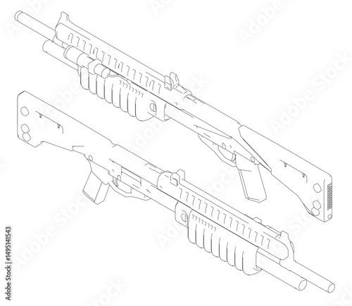 Two guns are shown in a black and white drawing. The guns are positioned side by side, with one on the left and the other on the right. The drawing gives the impression of a close-up view of the guns