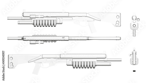 Guns are shown in a white background. The guns are all different sizes and are laid out in a row. The image is of a gun drawing, and the mood is serious and focused