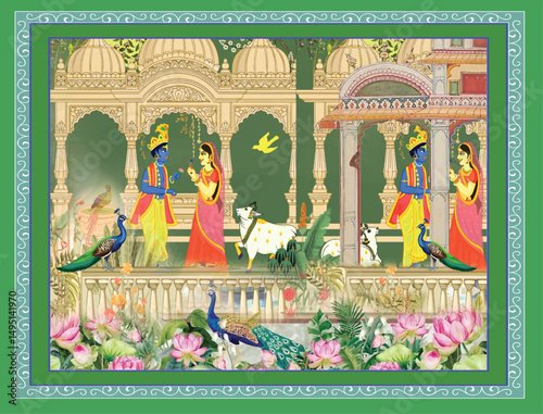 Traditional Mughal garden and seated queen frame illustration, Traditional Mughal temple lattice wall peacock tree pattern illustration, Traditional Mughal forest, garden, arch, peacock, bird