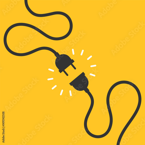 Electric socket and plug graphic icon. Electricity connection or disconnection sign isolated on yellow background. Vector illustration