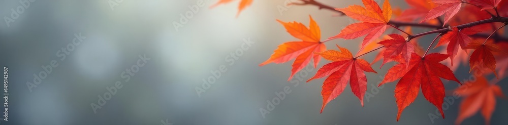 Red and orange maple leaves on a branch against a gray backdrop , maple leaf, season