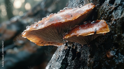 Isolated Reishi mushroom growing from tree bark with morning dew and natural light