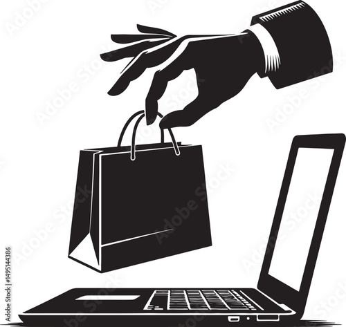 A stylized image of a hand holding a shopping bag over a laptop in black and white