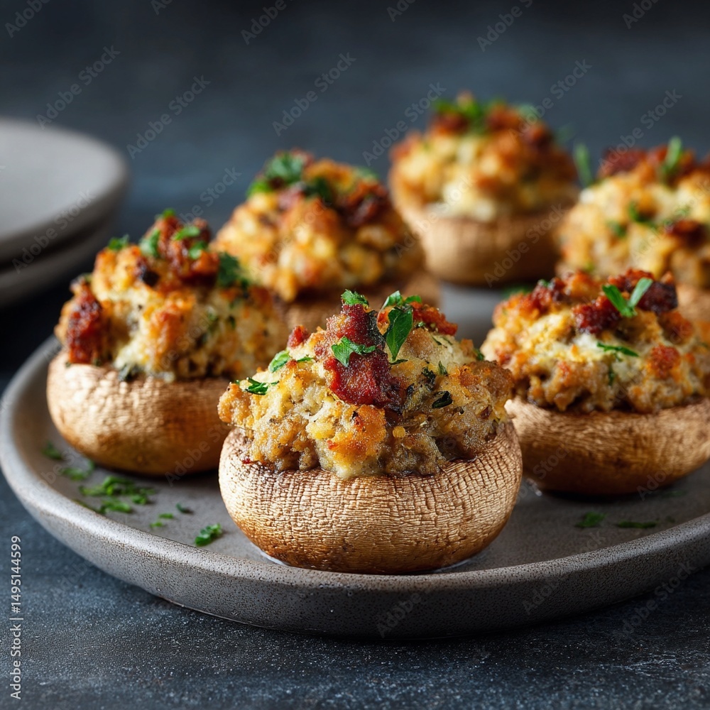 Fototapeta premium Delicious stuffed mushroom caps filled with seasoned cheese and bacon, baked to perfection, served on a stylish plate for appetizer or party snack