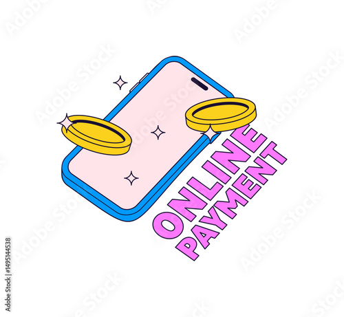 Online payment with phone and coins illustration cartoon