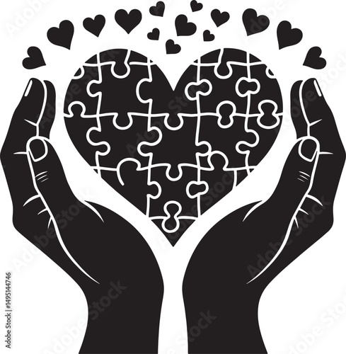 A heart made of puzzle pieces held by two black hands with floating hearts above it
