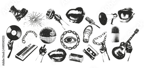 Retro elements stipple music with a photocopy effect for creating collages. Hands holding a vinyl record, a bracelet, a disco ball, guitars, a microphone, chain. Vector illustration. 
