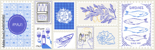 Italian Amalfi summer vacation doodle illustrations in stamp frames. Vector ink hand drawn Italy coastal sea and nature, lemons, wine and food elements, prints or invitation card, poster and placard.