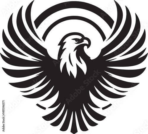 A striking black and white emblem of an eagle with circular design elements behind it