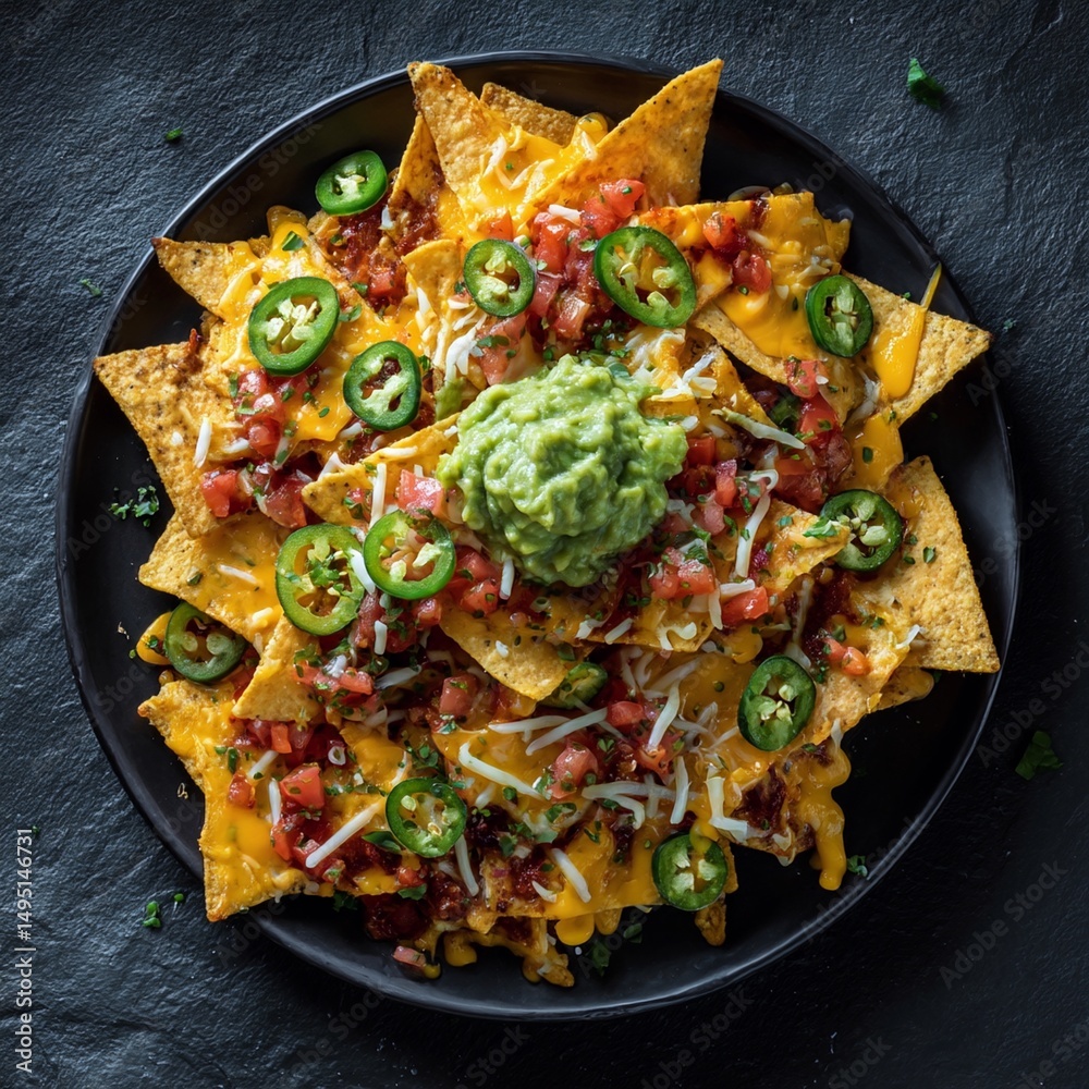 Delicious loaded nachos with melted cheese fresh salsa jalapenos guacamole and crispy tortilla chips served on black plate authentic snack food Delicious loaded nachos with melted cheese fresh salsa jalapenos guacamole and crispy tortilla chips served on black plate authentic snack food