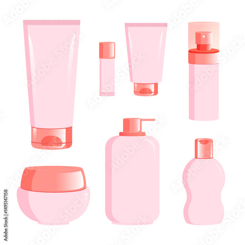 Set of blank empty cosmetic bottles, tubes, spray for cream, lotion, lip balm. Package beauty and skin care products. Vector isolated illustration.