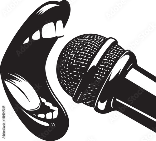 A graphic illustration of an open mouth singing into a microphone in black and white