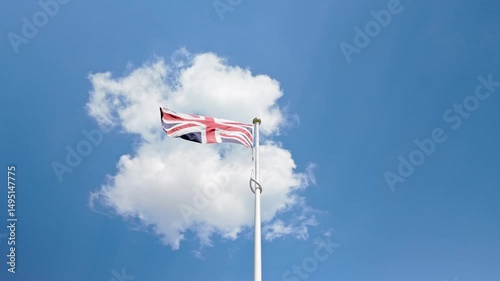 UK Union Jack Flying on Sunny Day with Clouds in Background