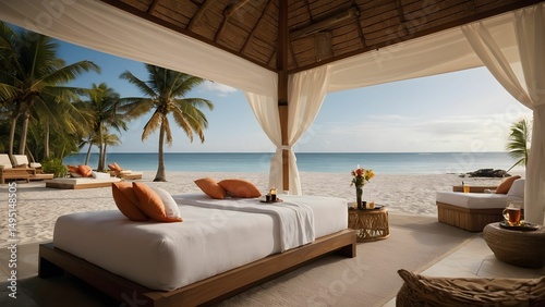 Relaxing summer retreat at a beachfront villa featuring a cozy bedroom overlooking a serene ocean view and palm trees Generative AI