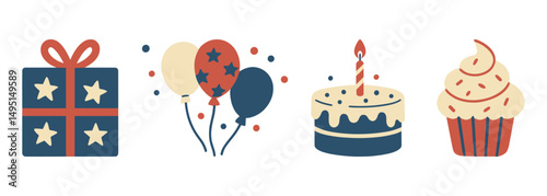 Flat vector birthday elements including gift with stars, balloons, birthday cake and cupcake in a red, blue, and cream patriotic color scheme