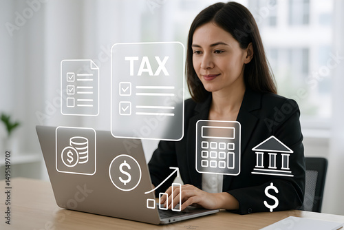 Tax Filing and Financial Management Concept. Businessperson using laptop with digital tax and finance icons, representing electronic tax filing, compliance, calculation, taxation, and fiscal planning. photo