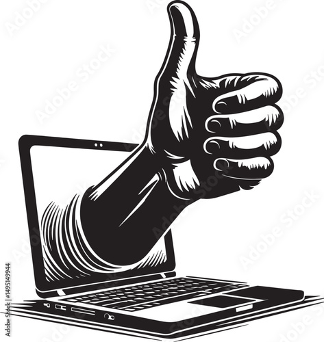 A stylized black and white illustration of a hand giving a thumbs up from a laptop