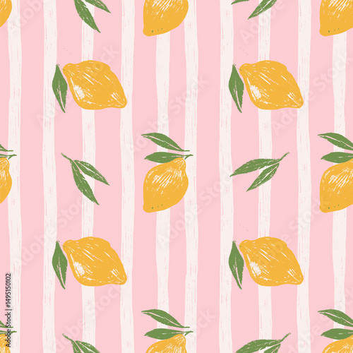 Vintage Seamless pattern with yellow lemons on pink and white striped background. Hatching pencil hand drawn rough texture. Summer cozy repeated backdrop. Vector hand drawn illustration.