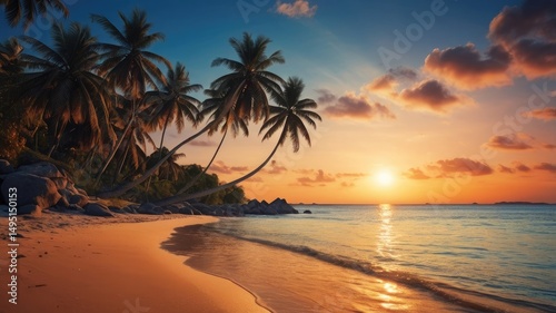 Stunning Tropical Sunset Beach Palms Ocean Paradise