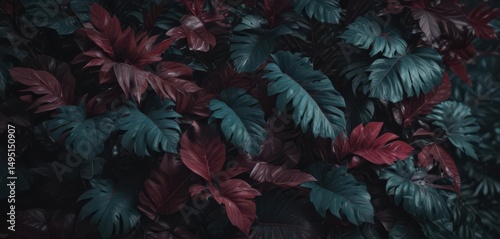 Deep teal and burgundy leaves in dense, shadowed arrangement; rich tropical plant life , aesthetic, background, burgundy