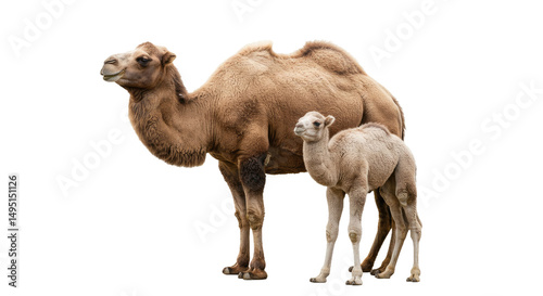 Bactrian Camel Mother and Calf Together, Two Humps, Thick Coats - Isolated High-Res Animal Photo photo