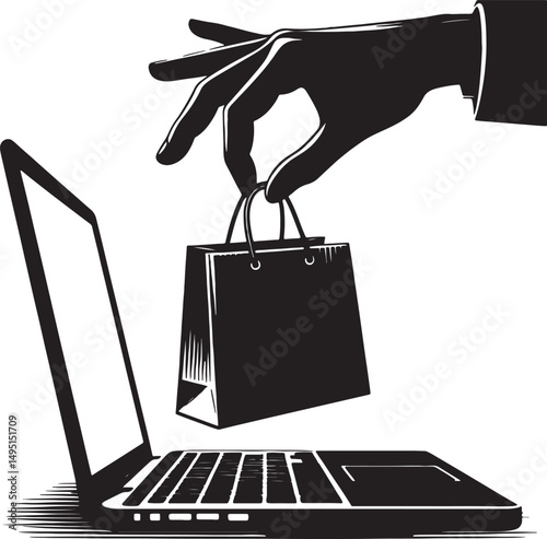 A hand holding a shopping bag coming out of a laptop screen in black and white art
