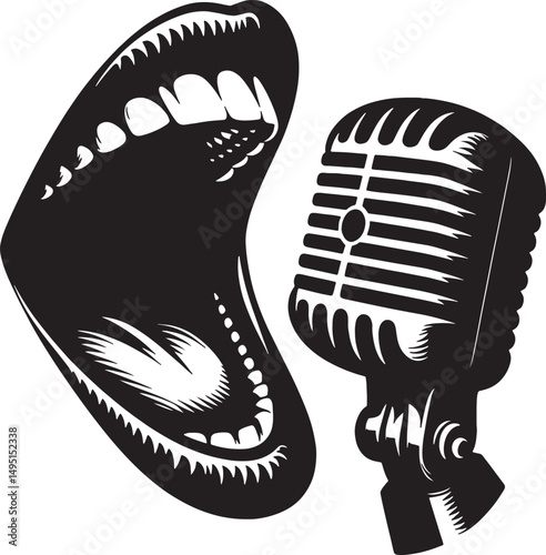 A black and white graphic illustration of a mouth open wide next to a microphone
