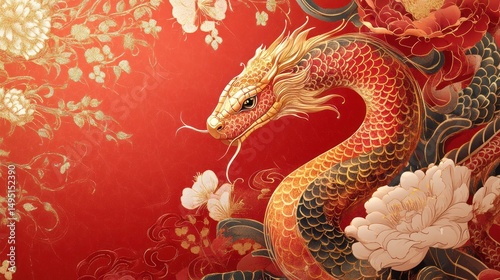 Majestic Golden Dragon Amidst Blooming Peonies: A Chinese New Year Celebration