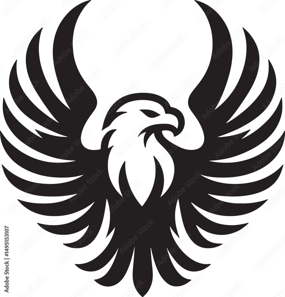 Obraz premium A stylized black and white illustration of an eagle with its wings spread wide open