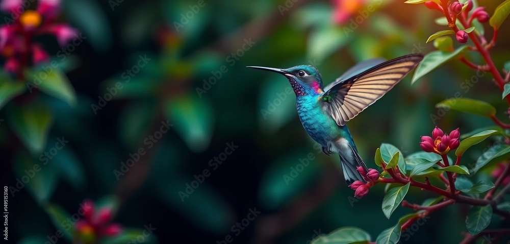 Naklejka premium A vibrant blue hummingbird hovering near green foliage, photography, bird photography