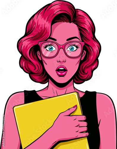 Surprised Woman in Pop Art Style Holding a Folder A Vibrant Illustration