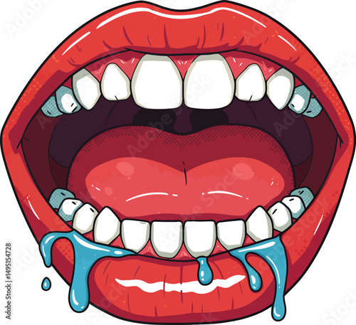 Vibrant Illustration of Open Mouth with Dripping Liquid, Bold Red Lips and White Teeth